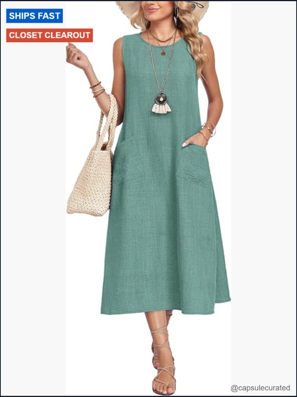 Sleeveless Crewneck Midi Sundress with Pockets Casual Summer